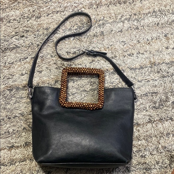 J. Jill Handbags - J.Jill Elegant Black pebbled Leather Bag with Wooden Handle